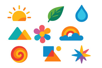 Naklejka premium Set of colorful abstract icons. Nature and geometric shapes collection. Modern flat design elements for web and app. Sun, flower, rainbow, mountain, leaf, water drop symbols.