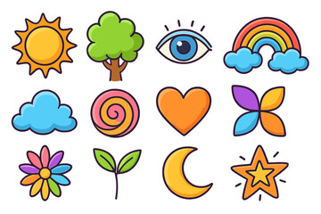 Set of cute doodle icons. Cartoon vector stickers. Whimsical nature and abstract symbols. Sun, rainbow, heart, eye, moon, star, flower, tree elements for creative design.
