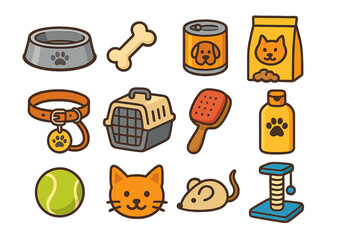 Pet shop icon set with cat and dog accessories. Vector collection of animal care elements like food, toys, grooming tools, and travel carriers. Flat cartoon style illustration.