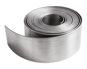 A coiled roll of brushed stainless steel metal strip or industrial banding tape with a textured finish, Isolated on Transparent and White Background