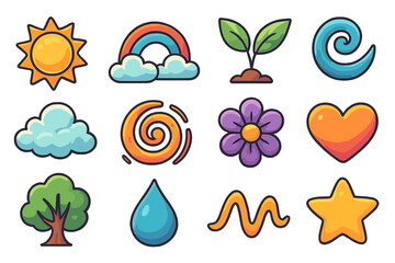 Naklejka premium Cute cartoon vector icon set. Nature and weather symbols collection. Sun, rainbow, cloud, tree, flower, water drop, heart, star. Whimsical elements for creative projects.