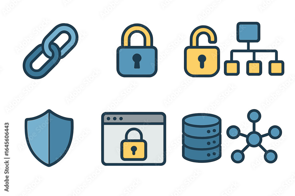 Poster cybersecurity icon set for data protection and network security. vector icons of lock, shield, datab