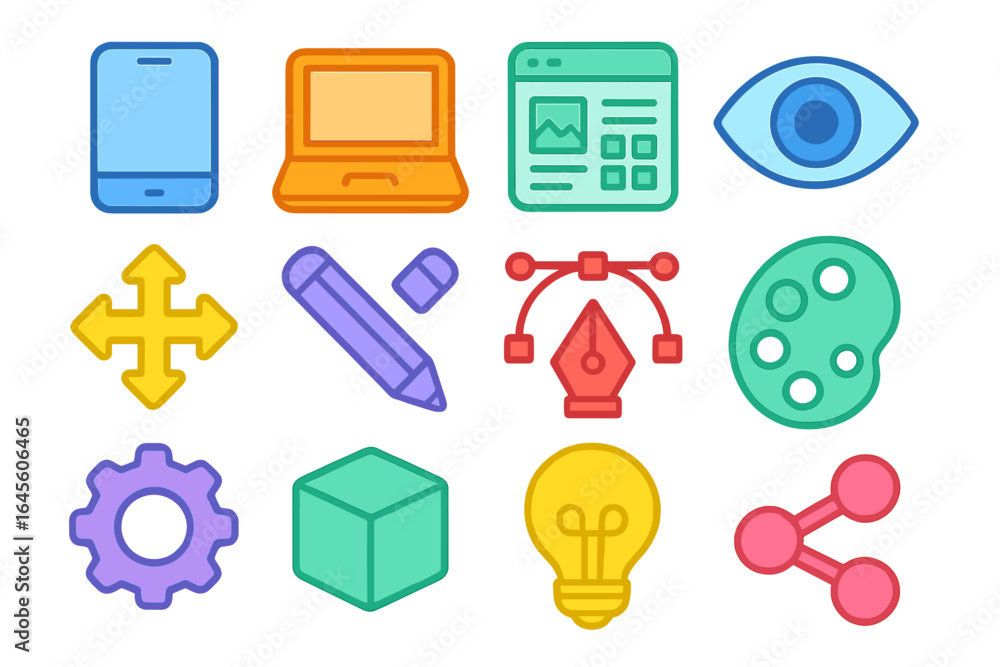 Poster modern digital technology & ui design icon set: colorful flat vector graphics for web & app developm
