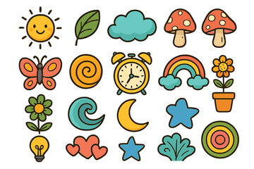 Cute cartoon doodle icon set. Collection of whimsical stickers featuring sun, rainbow, flower, mushroom, butterfly, clock and leaf. Nature, weather, time and abstract symbols.