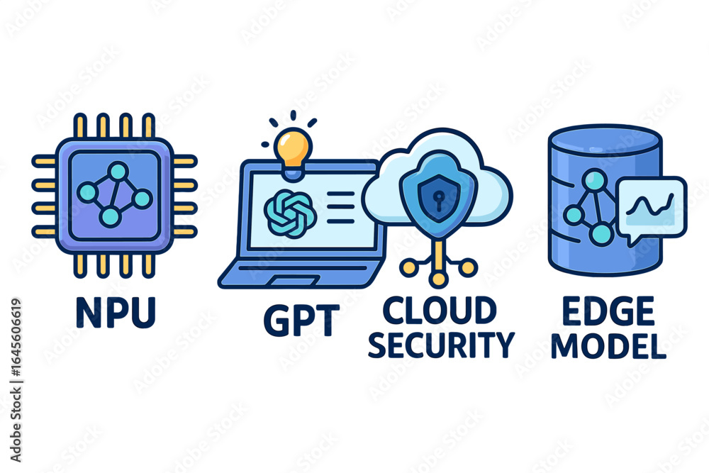 Poster tech icon set with npu, gpt, cloud security, and edge model concepts. vector illustrations for ai, m