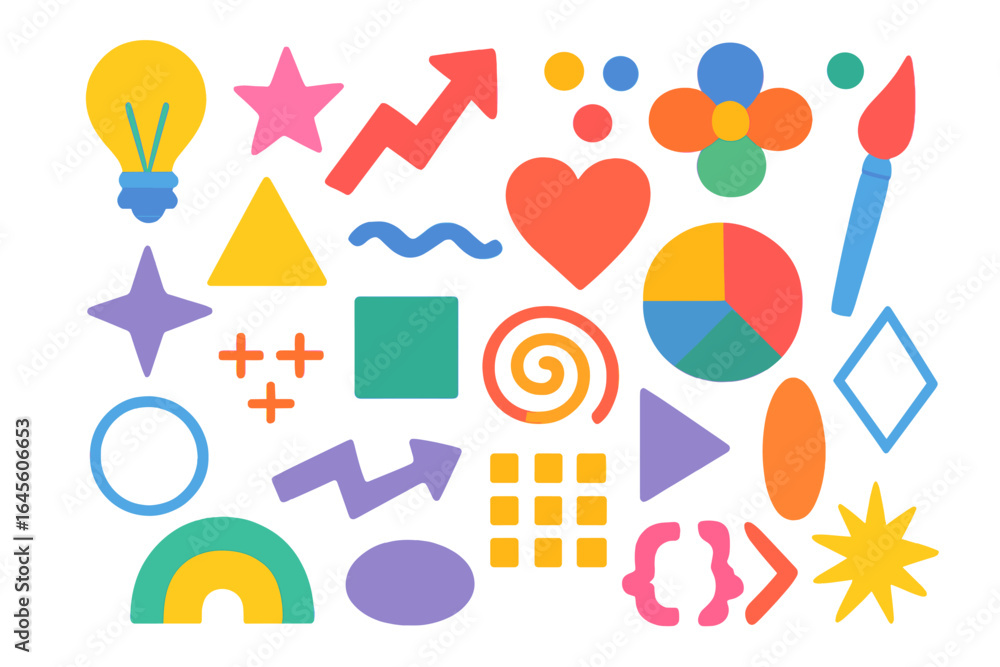 Poster collection of colorful abstract geometric shapes and business symbols. vector icons for creativity, 