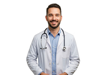 Fototapeta premium Smiling male doctor in white coat with stethoscope isolated on transparent background