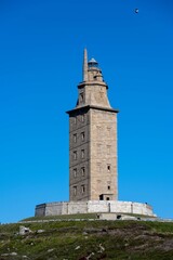 Fototapeta premium Ancient Roman lighthouse in A Coruña, Spain; the oldest still in use and a UNESCO World Heritage Site.