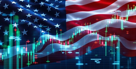 Financial stock market candlestick chart overlaid on waving USA flag with glowing data symbols representing economic business concept and investment trends. Ai generative