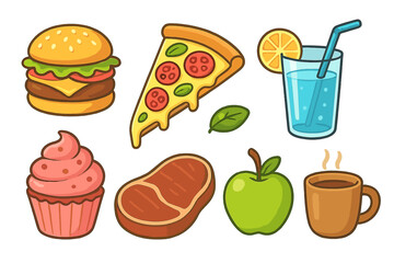 Cartoon food and drink icon set. Vector illustrations of hamburger, pizza, steak, cupcake, apple, coffee, and lemonade. Flat design elements for menu or web.