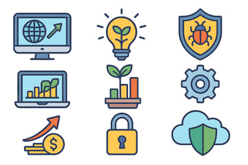 Business and technology icon set. Vector concepts of finance growth, profit, investment, innovation idea, cybersecurity, cloud data protection, and online security.