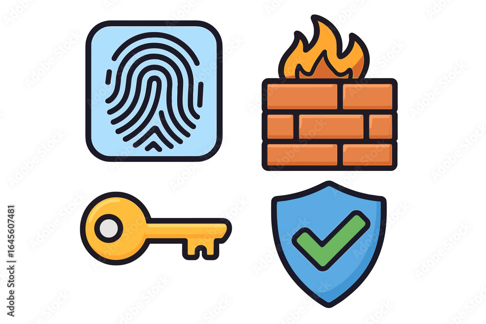 Poster cybersecurity icon set. fingerprint recognition, firewall, secure key, and protection shield icons. 