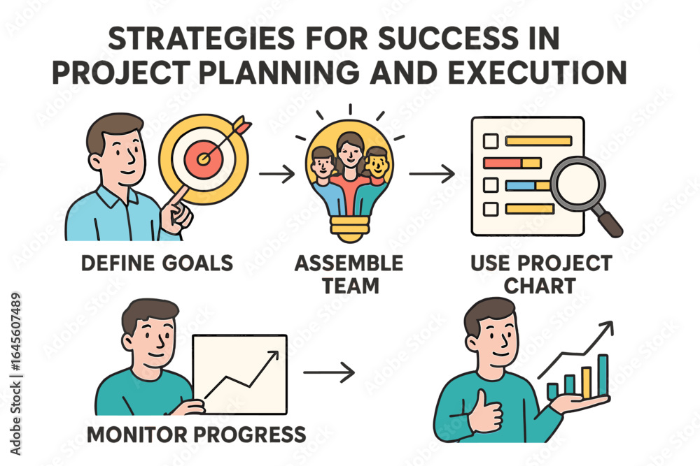 Poster project management success strategy infographic. steps for planning and execution: define goals, ass