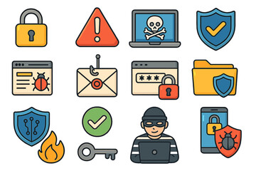 Cybersecurity icon set vector. Internet security, data protection concept. Hacker, virus, phishing, malware, password, firewall, shield symbols. Cartoon flat illustration.