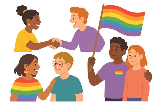 Diverse community celebrating LGBTQ Pride Month. People supporting gay rights, man holding rainbow flag, couple hugging, friends connecting. Vector set for inclusivity.