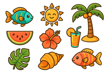 Set of cute cartoon summer beach icons. Tropical vacation elements like fish, sun, palm tree, watermelon, hibiscus, shell, monstera leaf, and juice. Vector illustration.