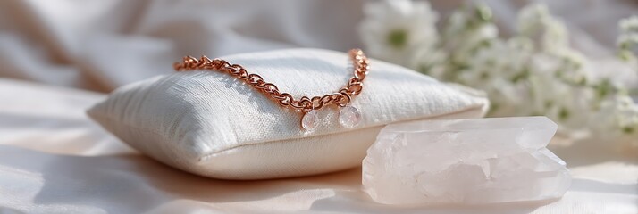 Rose gold chain on ivory velvet pillow with quartz tray aesthetic