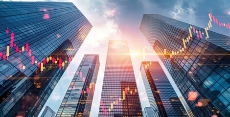 Futuristic business concept with financial chart overlay on modern skyscrapers during sunset in urban cityscape with digital glow effects. Ai generative
