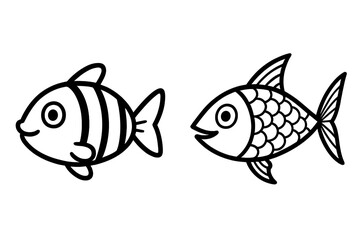 Two simple fish illustrations in black and white. Vector line art of cute cartoon aquatic animals. Sea life doodle icon set with stripes and scales for coloring book.