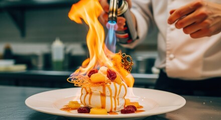 Chef flambes a decadent dessert with a culinary torch