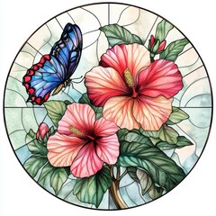 Vibrant Watercolor Hibiscus and Blue Butterfly Stained Glass Design