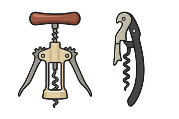 Set of two wine corkscrew openers. Vector illustration of a wing corkscrew and a waiter's friend sommelier knife. Kitchen and bar tools for opening wine bottles.