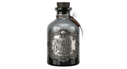 A smoky grey glass bottle, resembling an apothecary jar, features a metallic label proclaiming "Death Potion" and a skull emblem.
