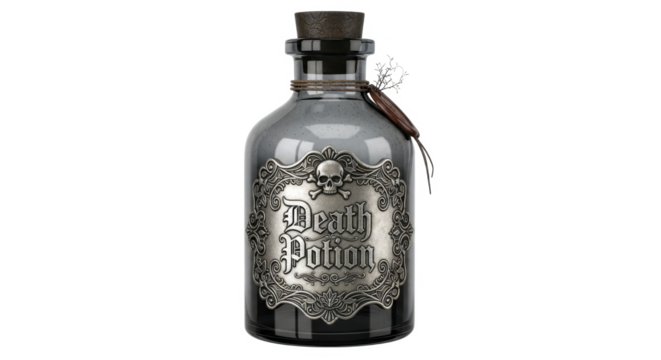 A smoky grey glass bottle, resembling an apothecary jar, features a metallic label proclaiming "Death Potion" and a skull emblem.