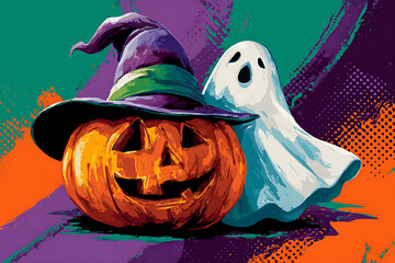 Colorful Halloween scene featuring a carved pumpkin and a ghost against a vibrant background (1)