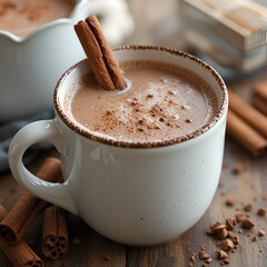 Hot Chocolate with Cinnamon Stick in White Mug