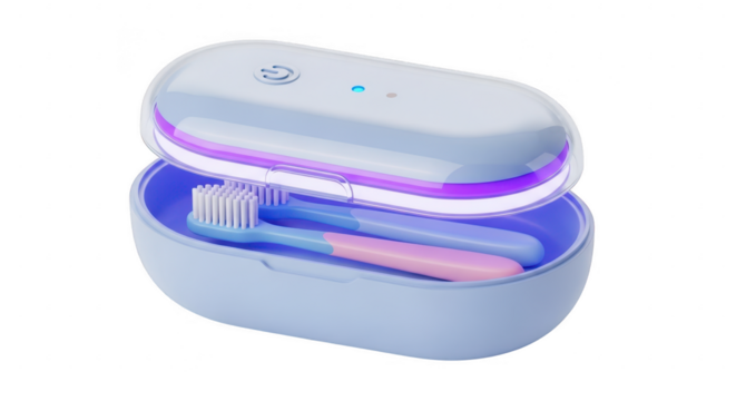 3d icon of portable uv toothbrush sterilizer for home and travel, ensuring dental hygiene and protection against bacteria, isolated on transparent background