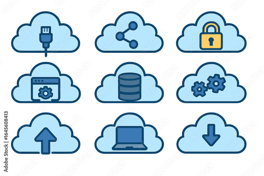 Poster cloud computing icon set. technology symbols for networking, storage, and services. digital infrastr