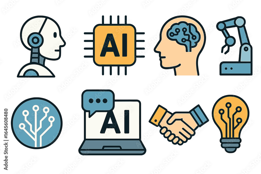 Poster artificial intelligence icon set. ai technology concepts with robot, cyborg, machine learning, chatb
