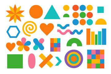 Set of colorful geometric shapes. Abstract basic figures, forms. Modern trendy vector illustration for web design. Minimalist memphis style. Simple doodle cartoon icons.