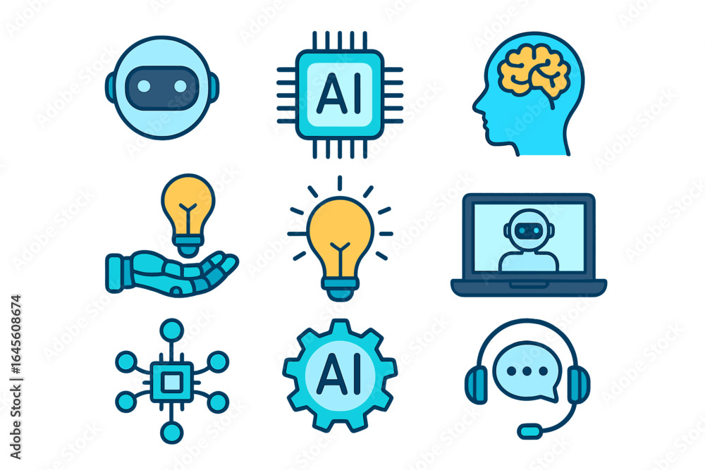 Poster ai icon set. artificial intelligence, machine learning, chatbot support. robot, brain, chip, neural 