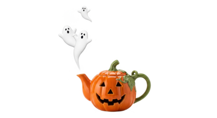 A whimsical pumpkin teapot with playful ghosts emanating steam.