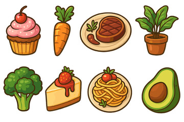 Cute cartoon food icon set. Vector collection of meals, desserts, and vegetables like pasta, steak, cupcake, cheesecake, avocado, and carrot. Isolated graphic elements for design.