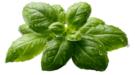 Vibrant green basil leaves glistening with fresh water droplets, perfect for culinary inspiration and healthy lifestyle content.
