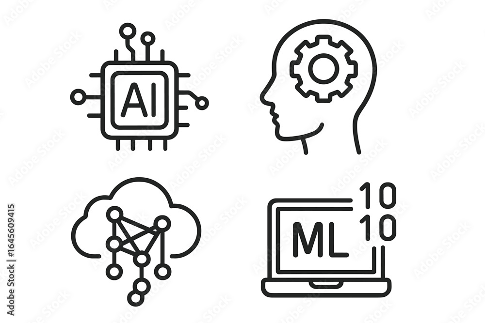 Poster artificial intelligence and machine learning line icon set. ai, ml, deep learning, neural network sy
