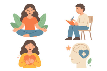 Mental Health & Wellness Vector Art: Mindfulness, Meditation, Self-Care, Journaling, Yoga, Inner Peace. Well-being & Serenity Concept Illustration.