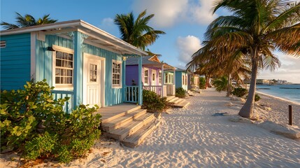 Colorful beach houses line a tropical beachfront.