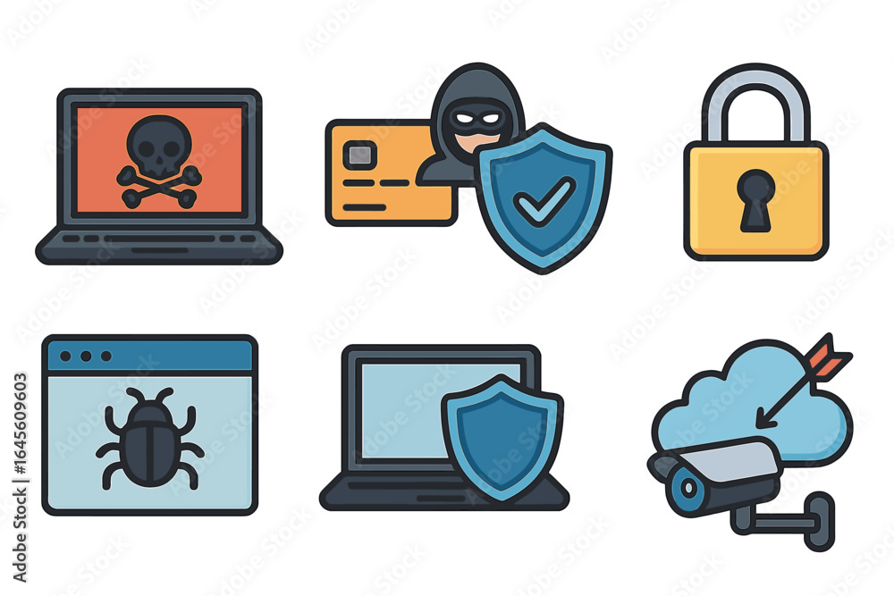 Poster cybersecurity icon set. hacker, virus, and malware threats. internet security, data protection, and 