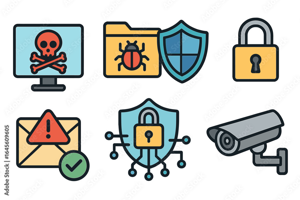 Aufkleber cybersecurity icon set. digital internet security symbols. computer virus, malware, hacking threat. 