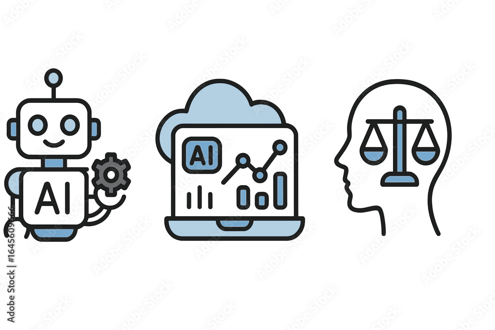 Poster artificial intelligence icon set. vector concepts of robotics, cloud data analysis, and ai ethics. m