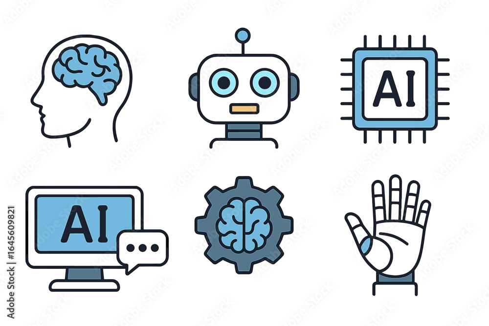 Poster ai artificial intelligence icon set. technology concepts like machine learning, robot, chatbot, proc