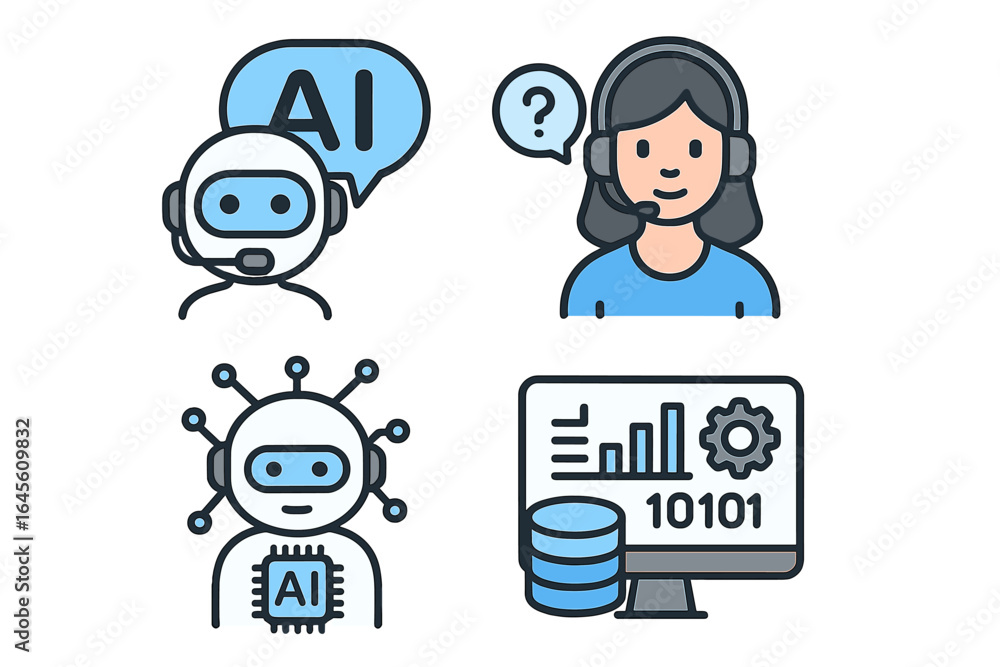 Poster artificial intelligence icon set. chatbot virtual assistant for customer support, data analysis, and
