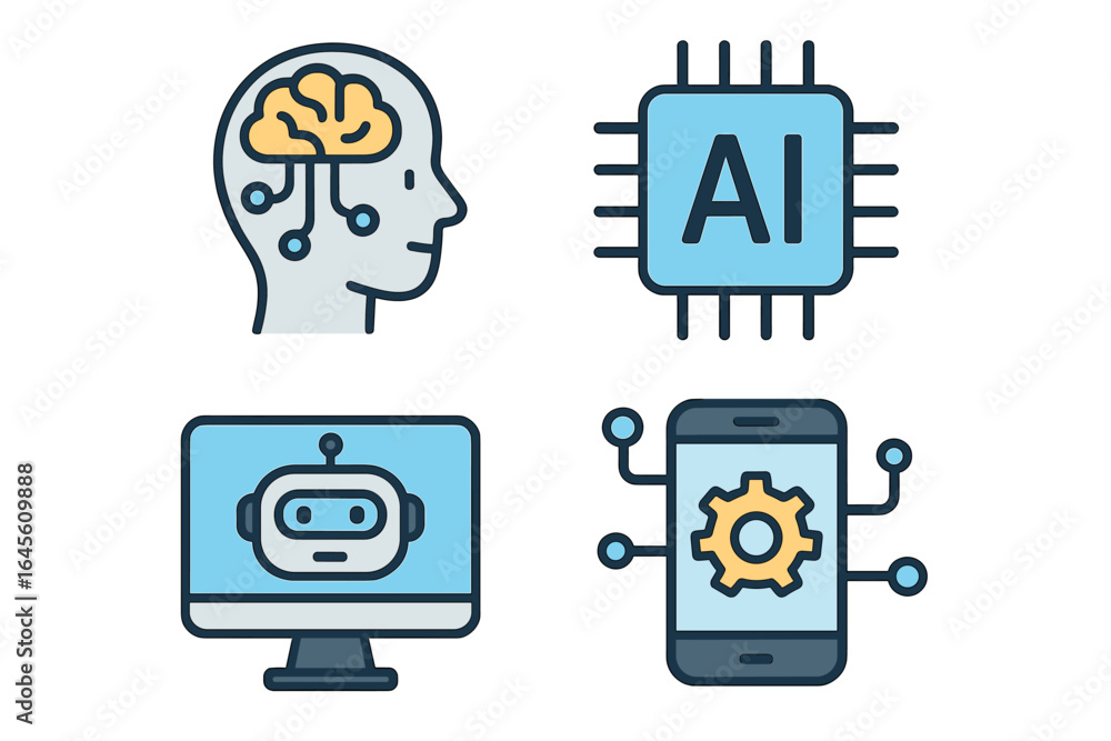 Poster artificial intelligence icon set with concepts for modern applications. vector symbols of machine le