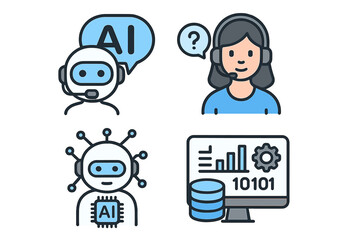 Artificial intelligence icon set. Chatbot virtual assistant for customer support, data analysis, and machine learning robot. Tech business automation vector illustration concept.