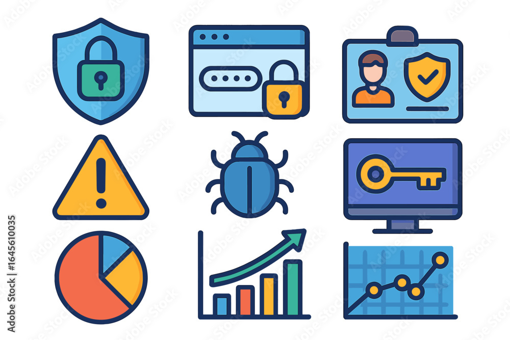 Aufkleber cybersecurity and data analytics icon set. concept of internet security, information protection, bus