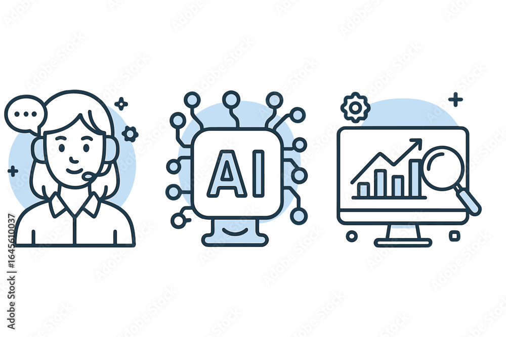 Aufkleber ai in customer service concept. icon set with support agent, chatbot, and data analytics graph. call